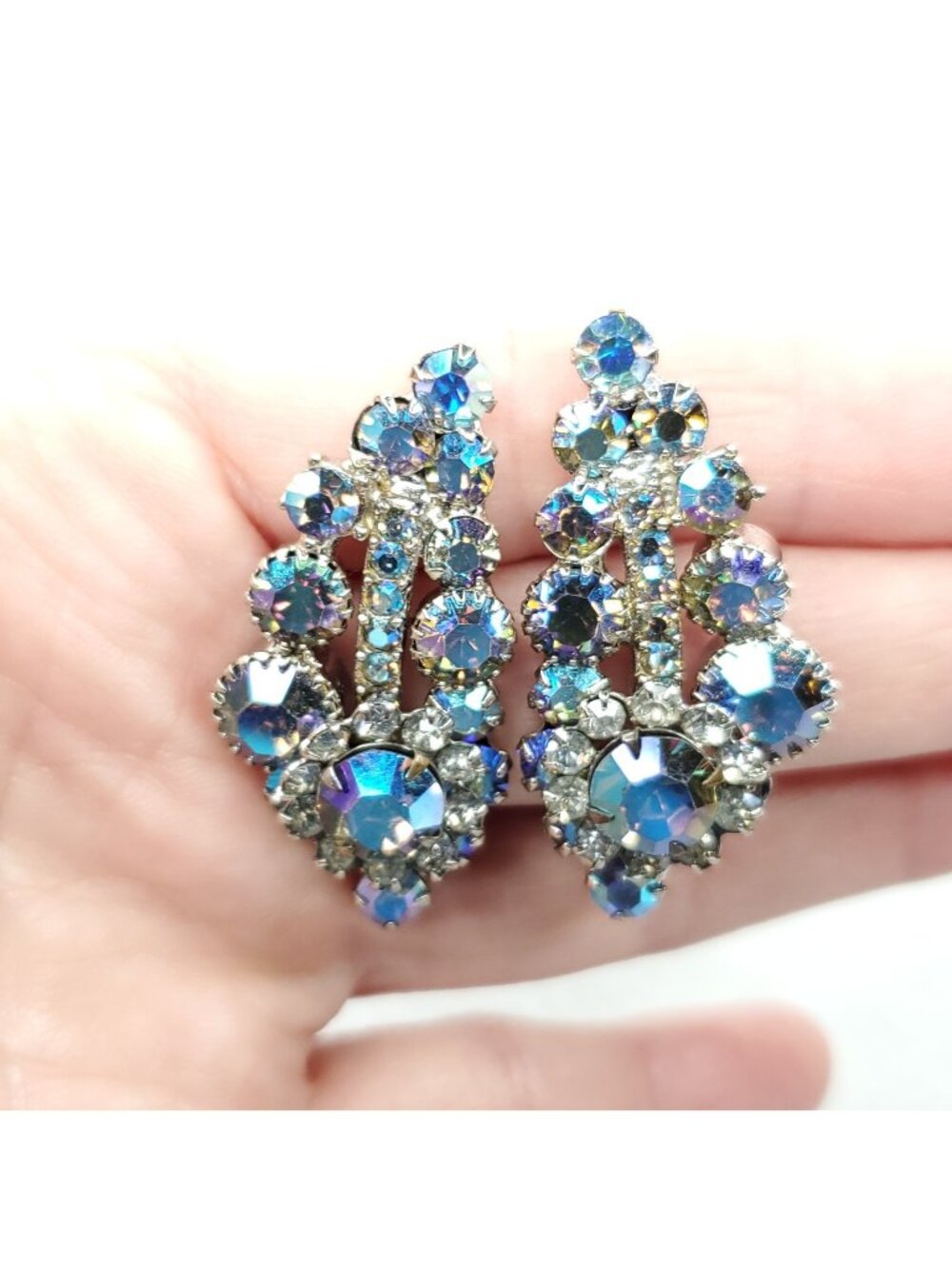 Vintage Rhinestone Earrings Clip On Silver Tone Blue AB Statement 1.5" Sparkles